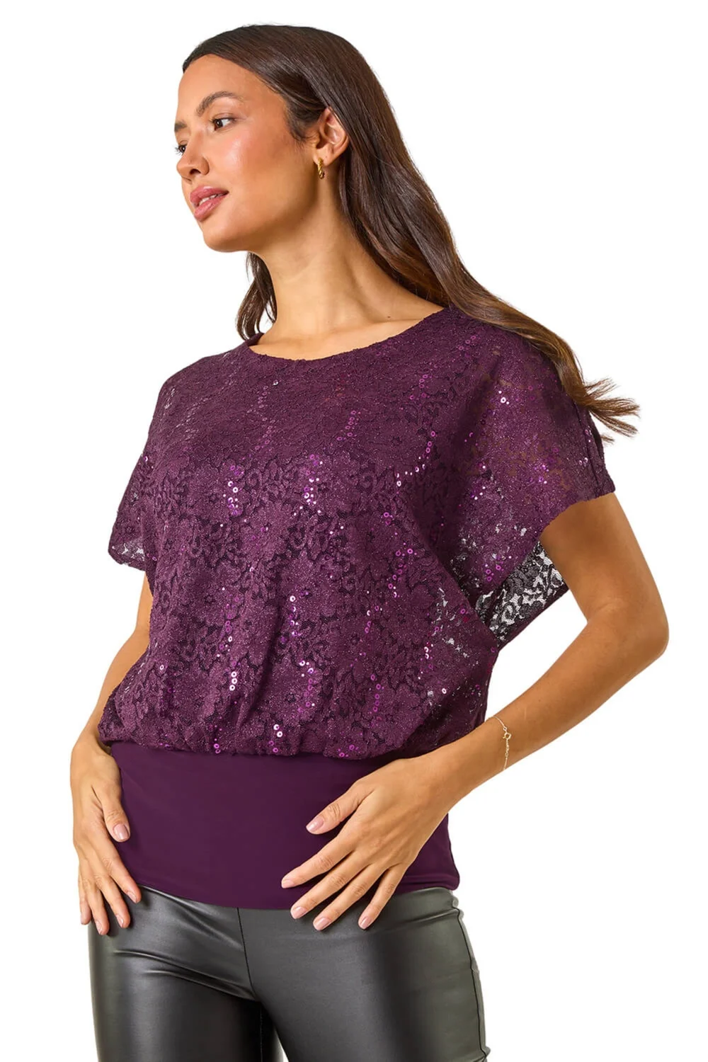 Roman Purple Sequin Lace Overlay Stretch Top - 10 Image 1