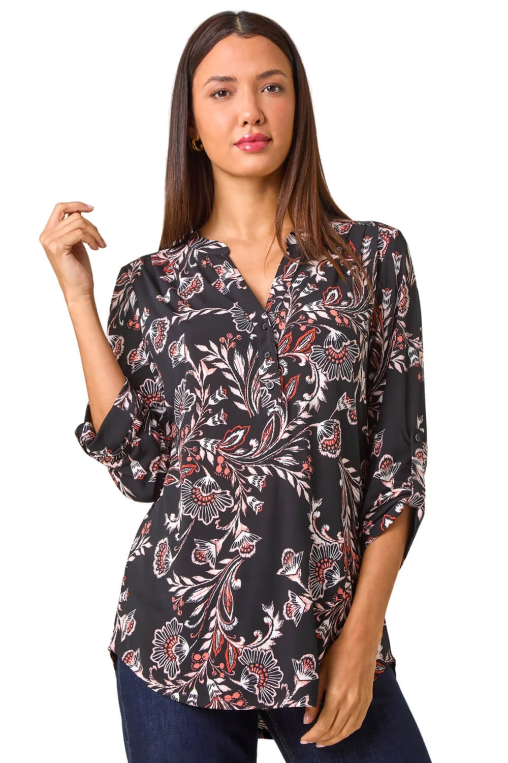 Roman Coral Floral Print Stretch Shirt - 10 Image 1