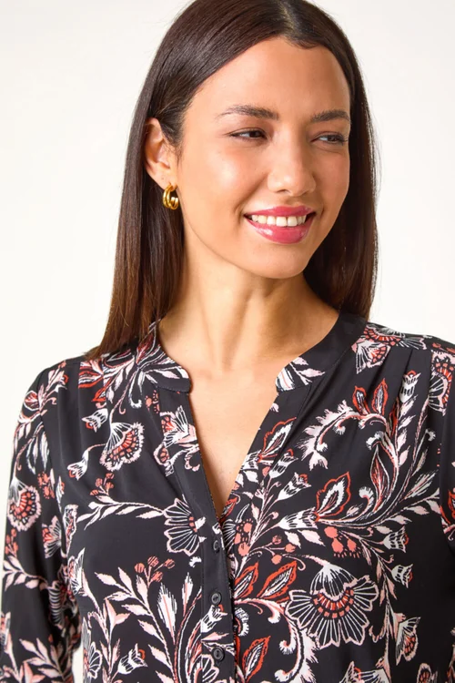 Roman Coral Floral Print Stretch Shirt - 10 Image 4