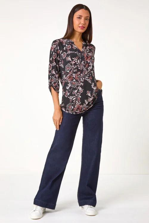 Roman Coral Floral Print Stretch Shirt - 10 Image 2