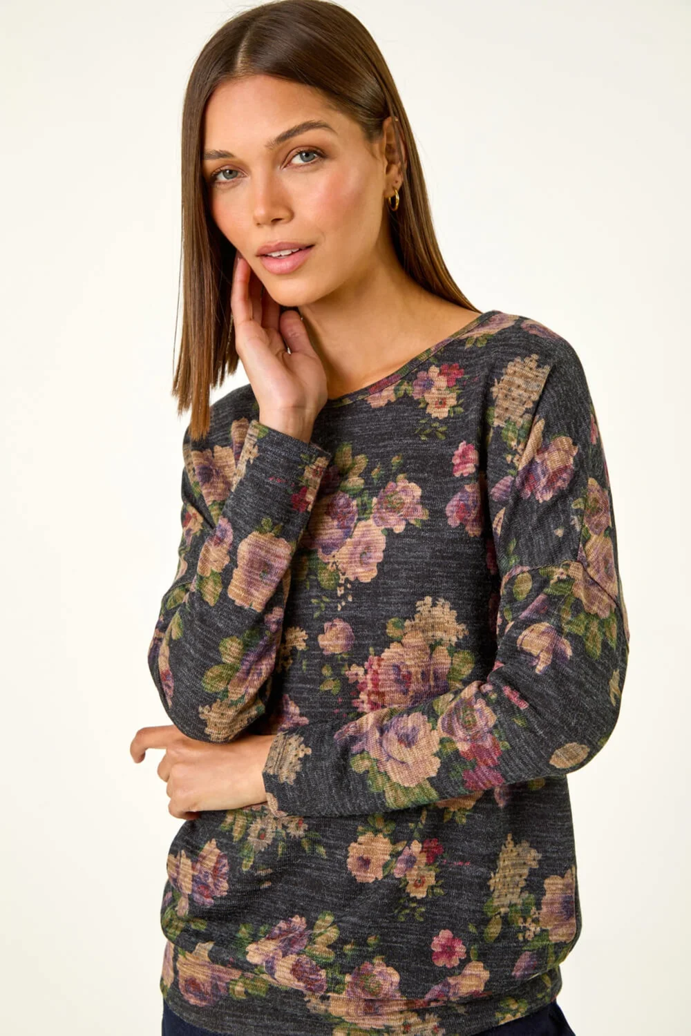 Roman Purple Floral Print Drop Shoulder Stretch Top - 10 Image 2