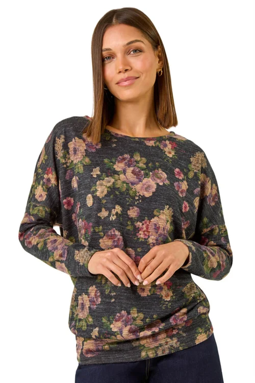 Roman Purple Floral Print Drop Shoulder Stretch Top - 10 Image 1