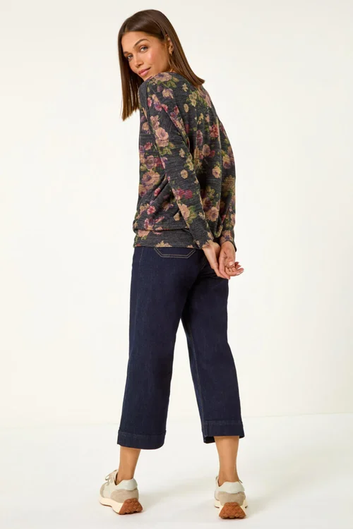 Roman Purple Floral Print Drop Shoulder Stretch Top - 10 Image 4