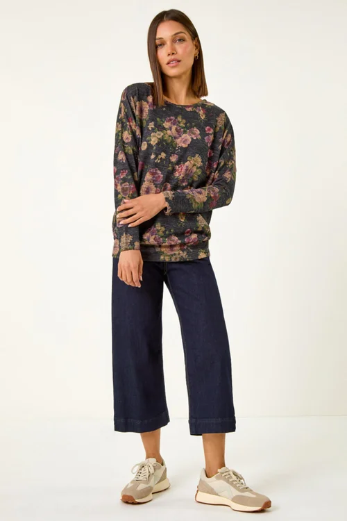 Roman Purple Floral Print Drop Shoulder Stretch Top - 10 Image 3