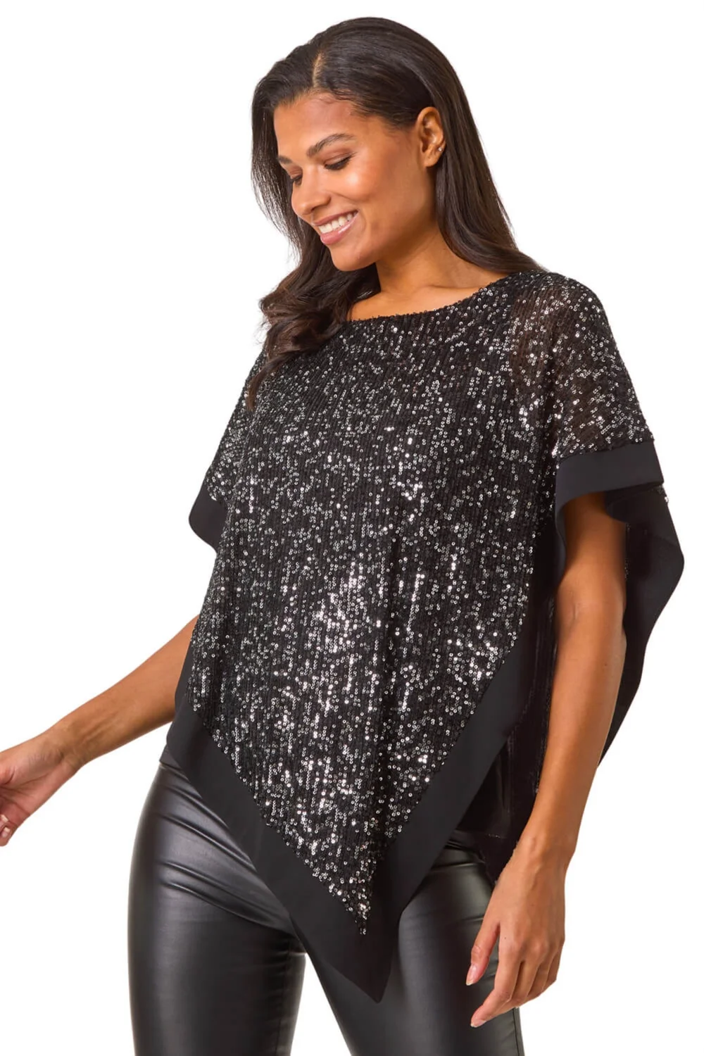 Roman Black Sequin Overlay Stretch Tunic Top - 10 Image 1