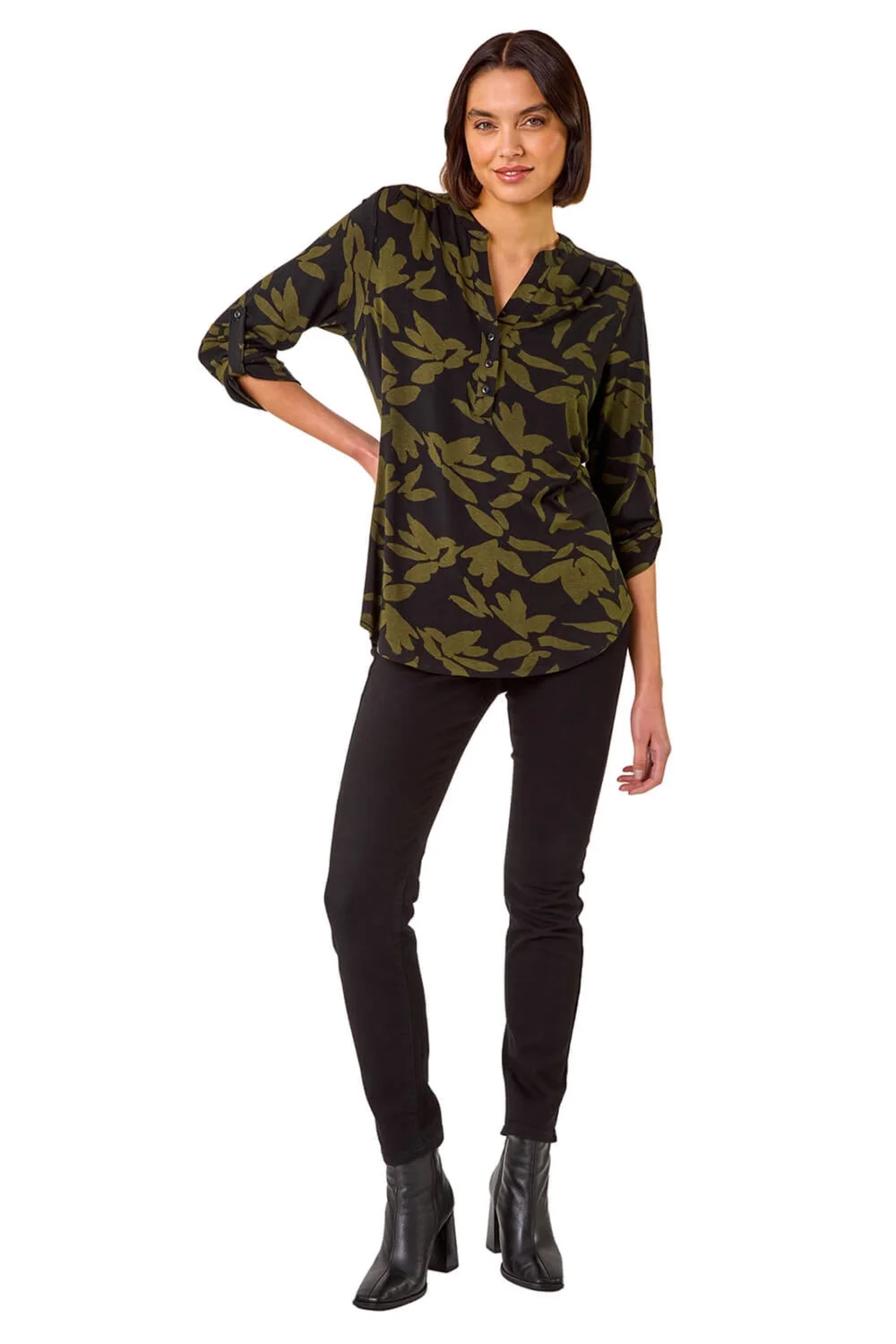 Roman Khaki Leaf Print Buttoned Stretch Shirt - 10 Image 2