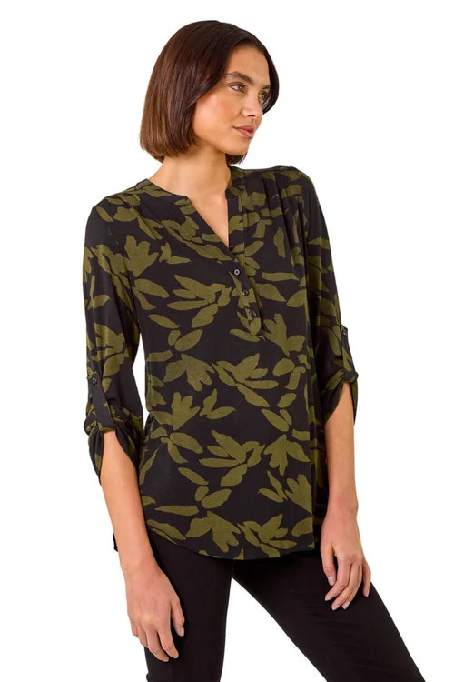 Roman Khaki Leaf Print Buttoned Stretch Shirt - 10 Image 1