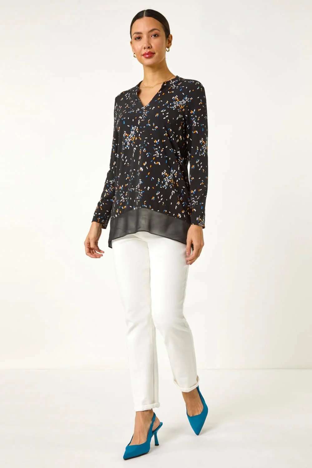 Roman Black Abstract Print V-Neck Tunic Top - 10 Image 2