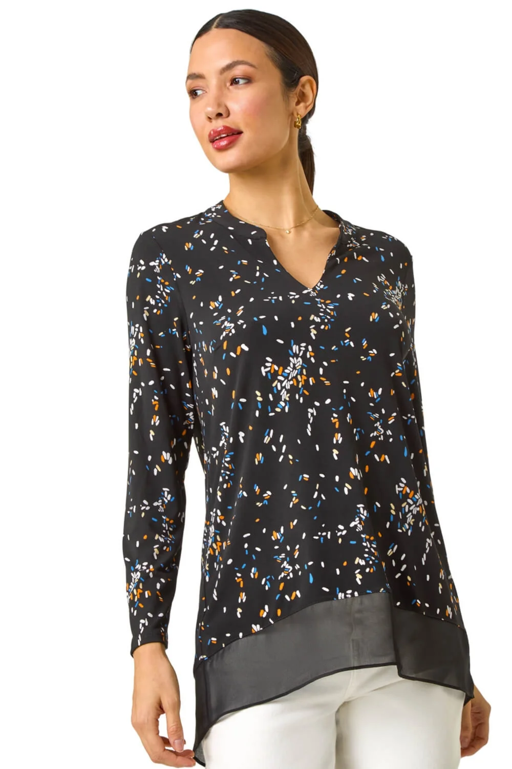 Roman Black Abstract Print V-Neck Tunic Top - 10 Image 1