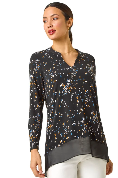 Roman Black Abstract Print V-Neck Tunic Top - 10 Image 1