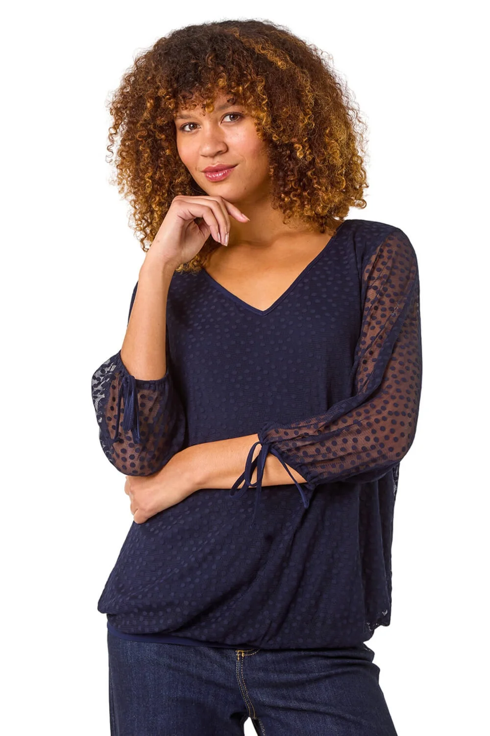 Roman Navy Burnout Print V-Neck Overlay Mesh Top - 10 Image 1