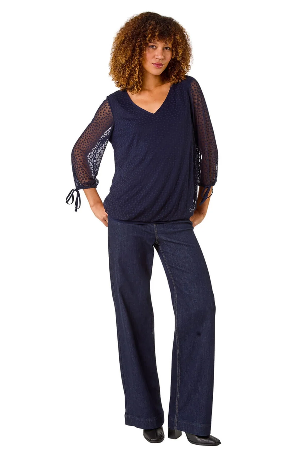Roman Navy Burnout Print V-Neck Overlay Mesh Top - 10 Image 2