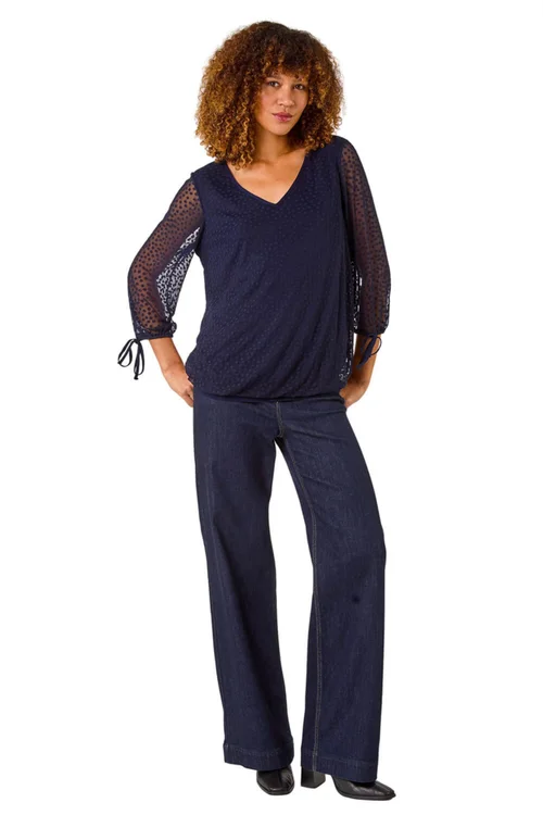 Roman Navy Burnout Print V-Neck Overlay Mesh Top - 10 Image 2