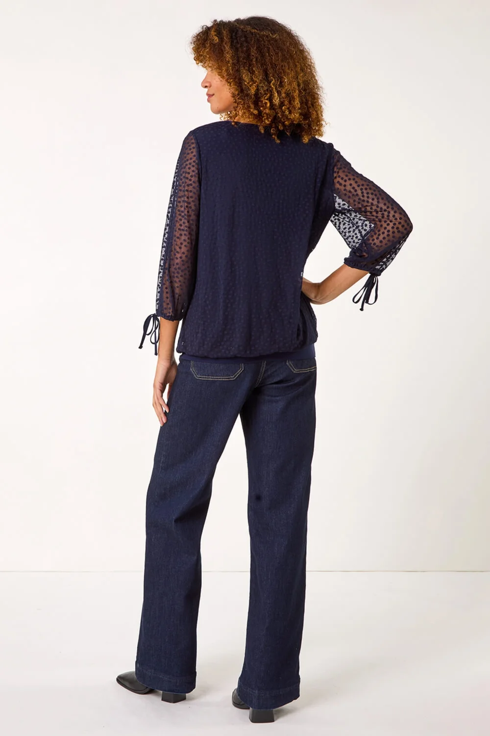 Roman Navy Burnout Print V-Neck Overlay Mesh Top - 10 Image 3