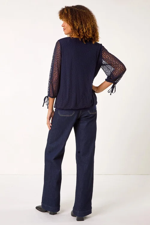 Roman Navy Burnout Print V-Neck Overlay Mesh Top - 10 Image 3