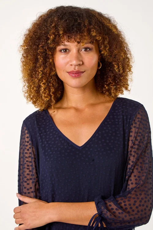 Roman Navy Burnout Print V-Neck Overlay Mesh Top - 10 Image 4