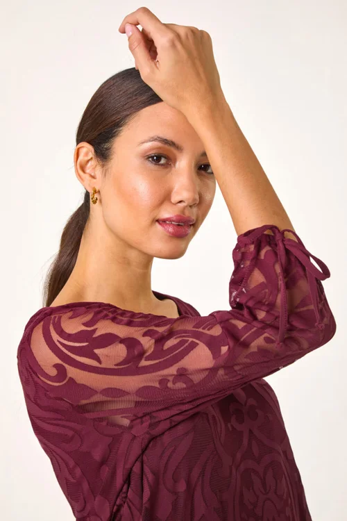 Roman Burgundy Burnout Print V-Neck Overlay Mesh Top - 10 Image 2