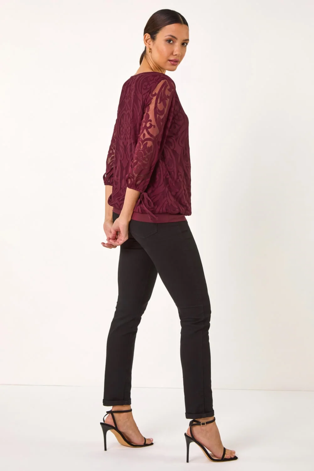 Roman Burgundy Burnout Print V-Neck Overlay Mesh Top - 10 Image 4