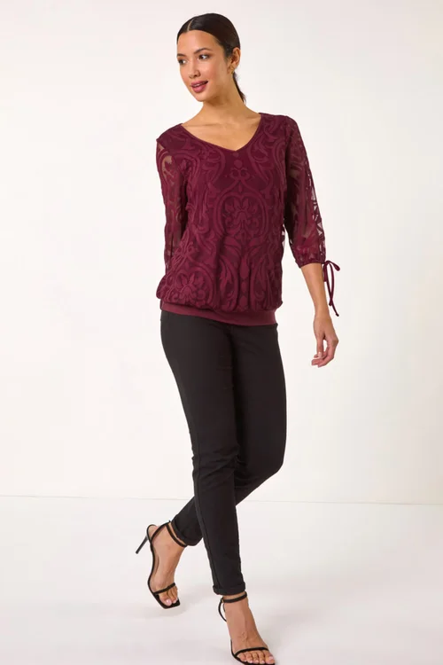 Roman Burgundy Burnout Print V-Neck Overlay Mesh Top - 10 Image 3