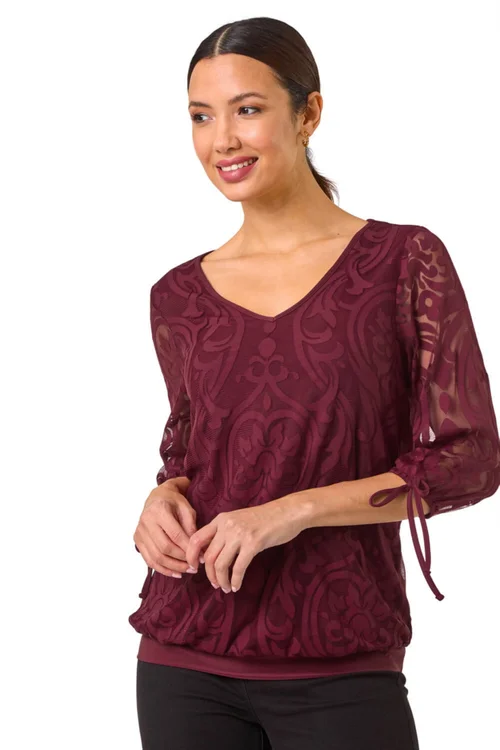 Roman Burgundy Burnout Print V-Neck Overlay Mesh Top - 10 Image 1