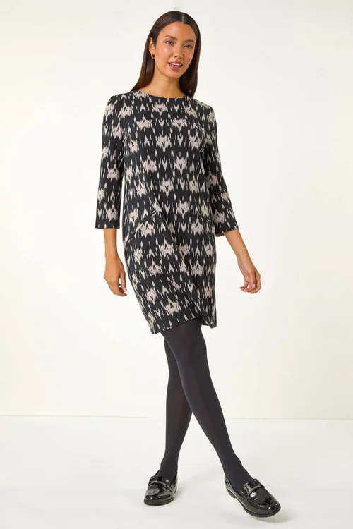 Roman Dark Grey Abstract Zip Trim Stretch Shift Dress - 10 Image 2