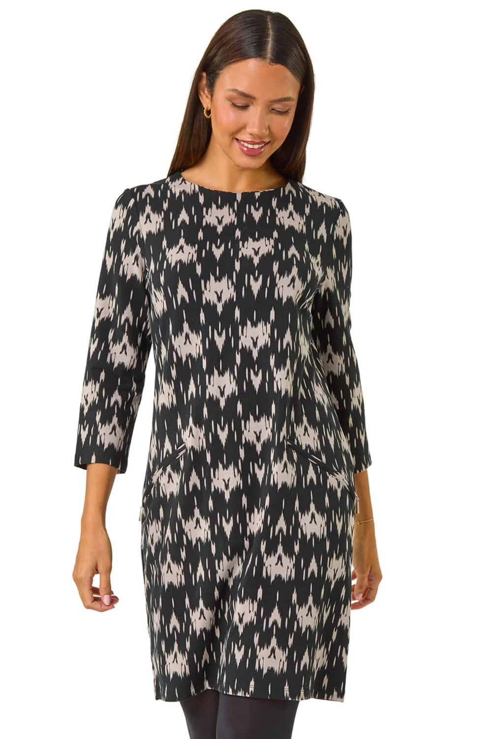 Roman Dark Grey Abstract Zip Trim Stretch Shift Dress - 10 Image 1