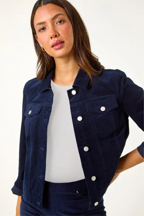 Roman Midnight Blue Corduroy Pocket Detail Stretch Jacket - 10 Image 4