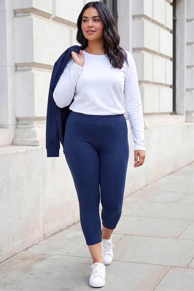 Roman Navy Curve Plain Elastic Waist Cropped Leggings