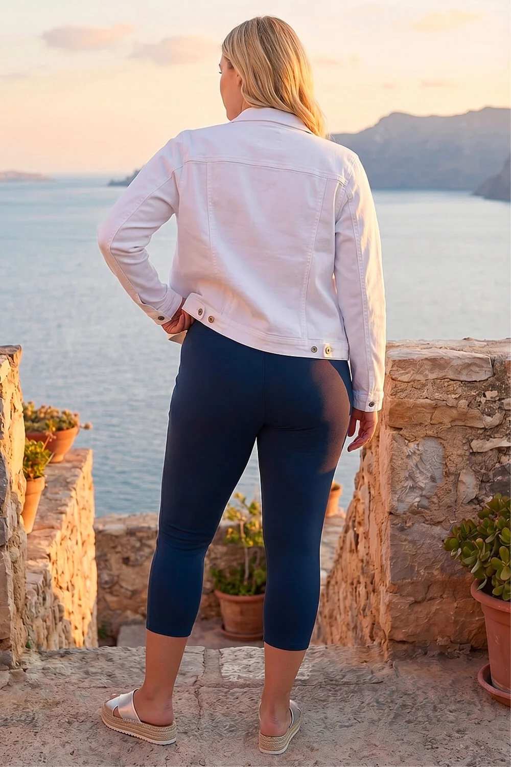 Roman Navy Curve Plain Elastic Waist Cropped Leggings - 18 Image 3