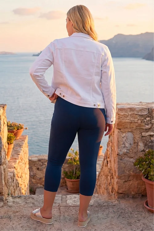 Roman Navy Curve Plain Elastic Waist Cropped Leggings - 18 Image 3