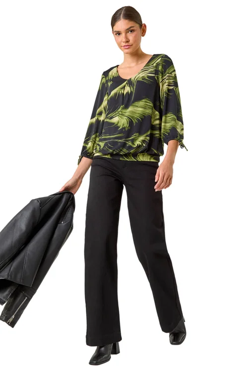 Roman Green Brush Print V-Neck Tie Sleeve Top - Size 14 Image 2