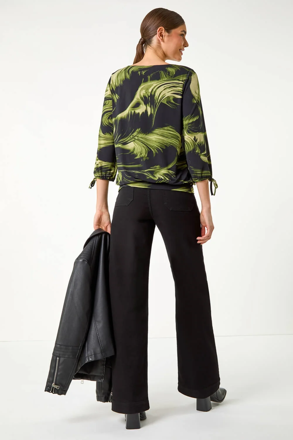 Roman Green Brush Print V-Neck Tie Sleeve Top - Size 14 Image 4