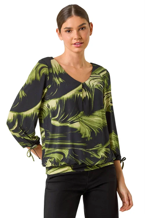 Roman Green Brush Print V-Neck Tie Sleeve Top - Size 14 Image 1