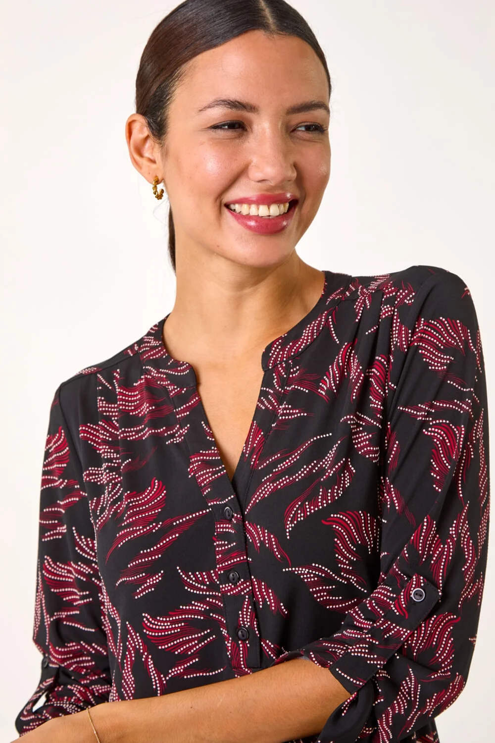 Roman Red Textured Abstract Print V-Neck Stretch Shirt - 10 Image 4