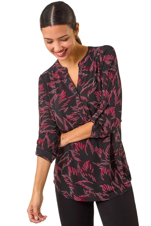 Roman Red Textured Abstract Print V-Neck Stretch Shirt - 10 Image 1