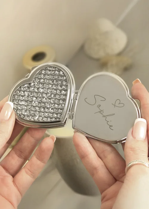 Personalised Memento Company Silver Diamante Heart Compact Mirror - One Size Image 2