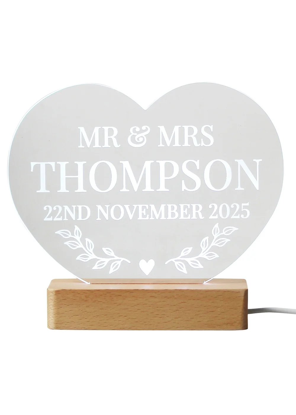 Personalised Memento Company Brown Light Up LED Heart with Wooden Base - One Size Image 1