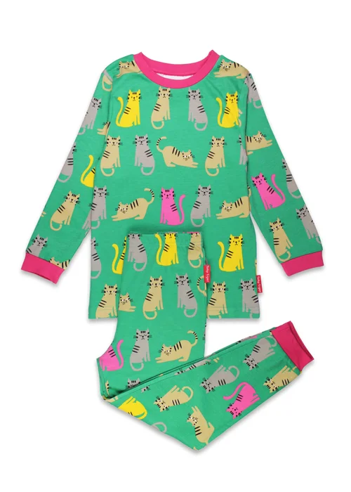 Toby Tiger Organic Green Kitten Print Pyjamas (12 months - 6 years) - Age 12 - 18 Months Image 1