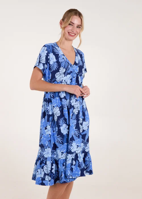 Blue Vanilla Blue Tropical V Neck Smock Style Tunic Dress - S/M Image 1
