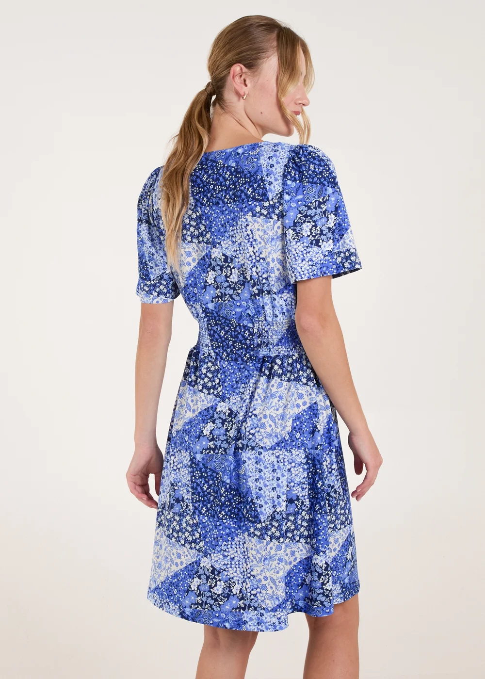 Blue Vanilla Blue Shirred Waist Button Front Patchwork Mini Dress - L/XL Image 2