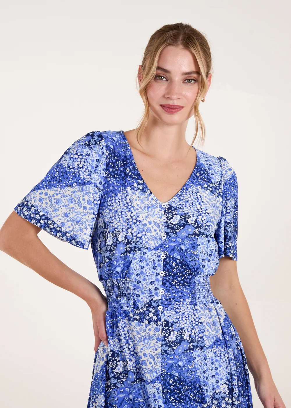 Blue Vanilla Blue Shirred Waist Button Front Patchwork Mini Dress - L/XL Image 3