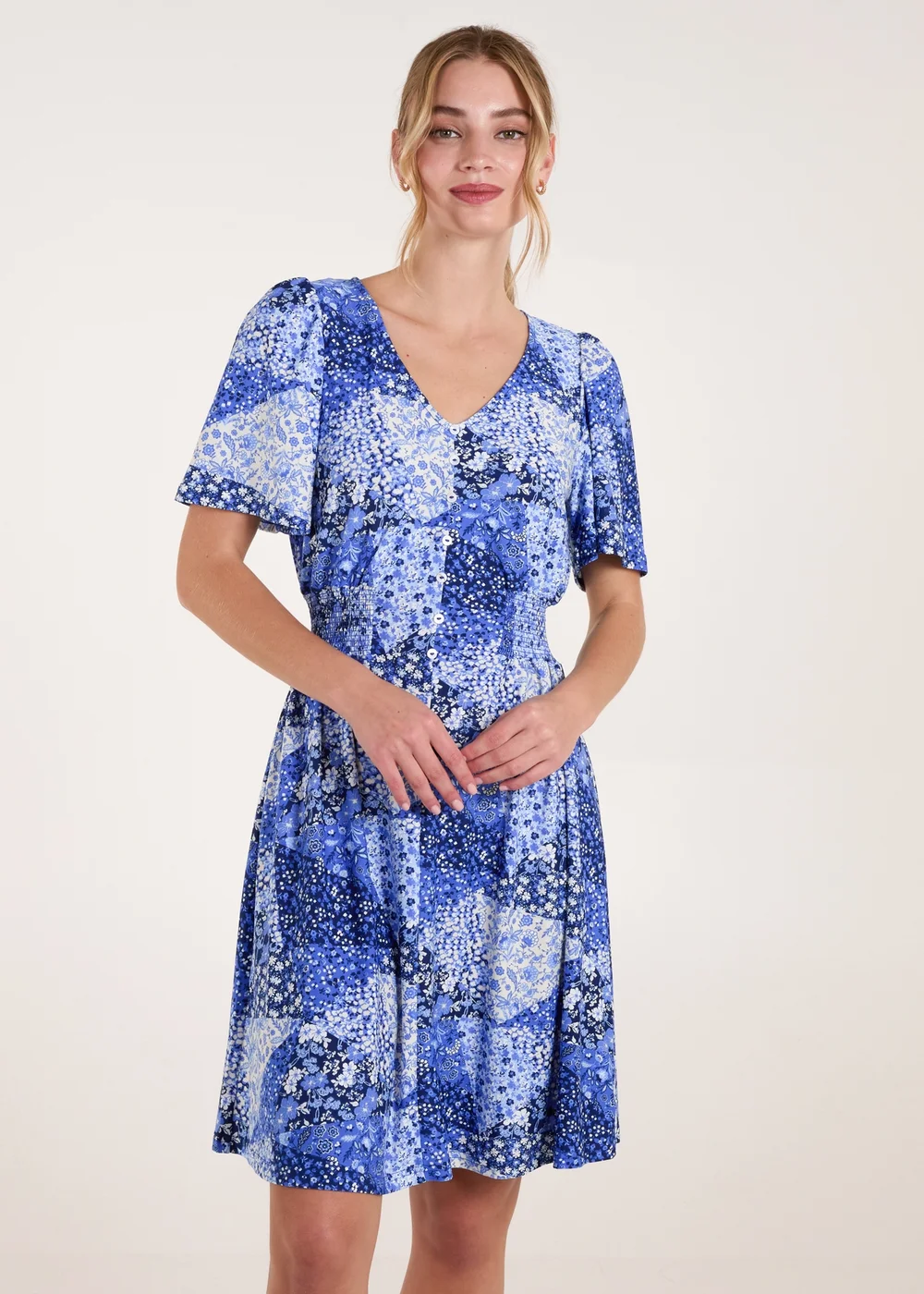 Blue Vanilla Blue Shirred Waist Button Front Patchwork Mini Dress - L/XL Image 1