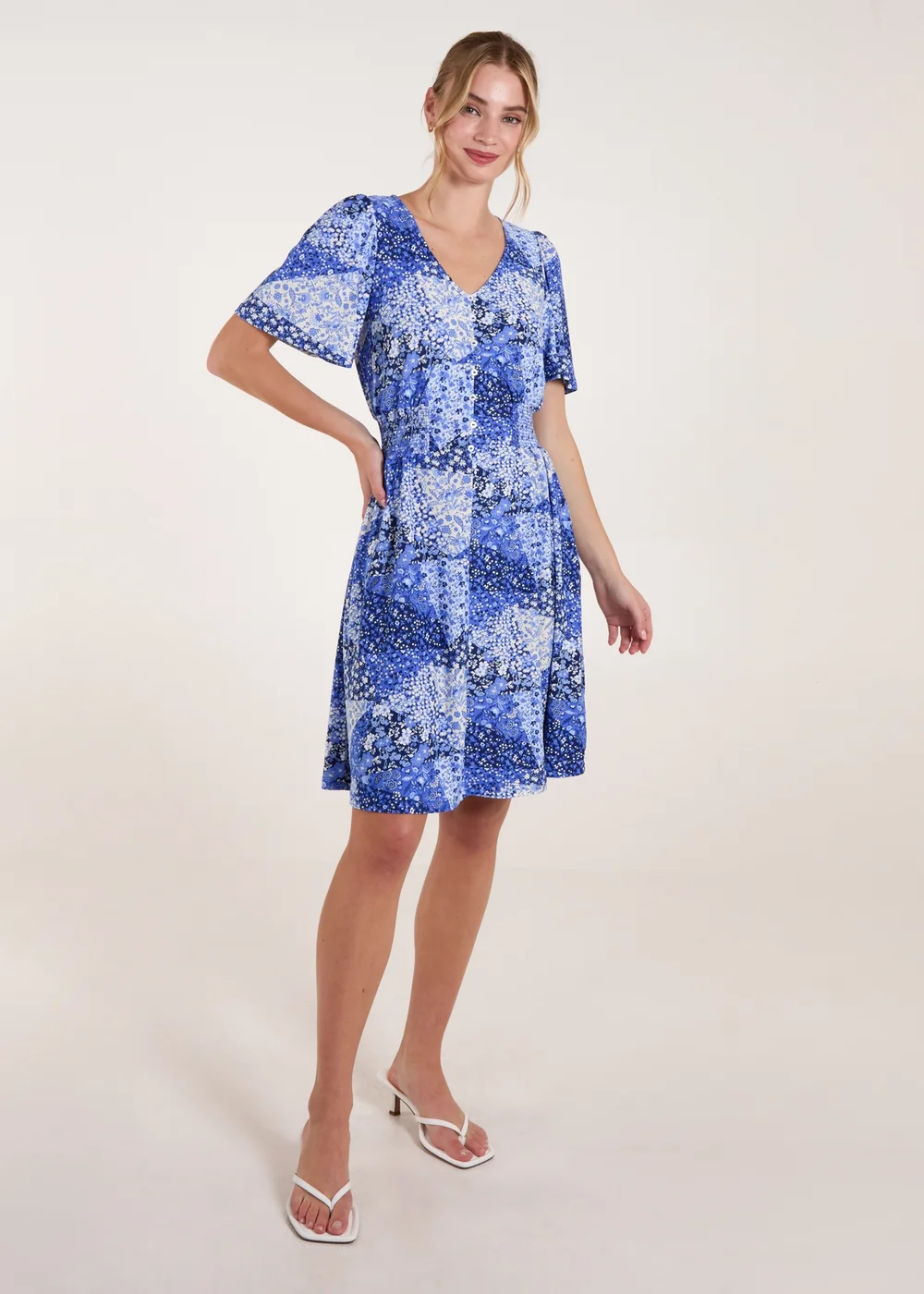Blue Vanilla Blue Shirred Waist Button Front Patchwork Mini Dress - L/XL Image 4