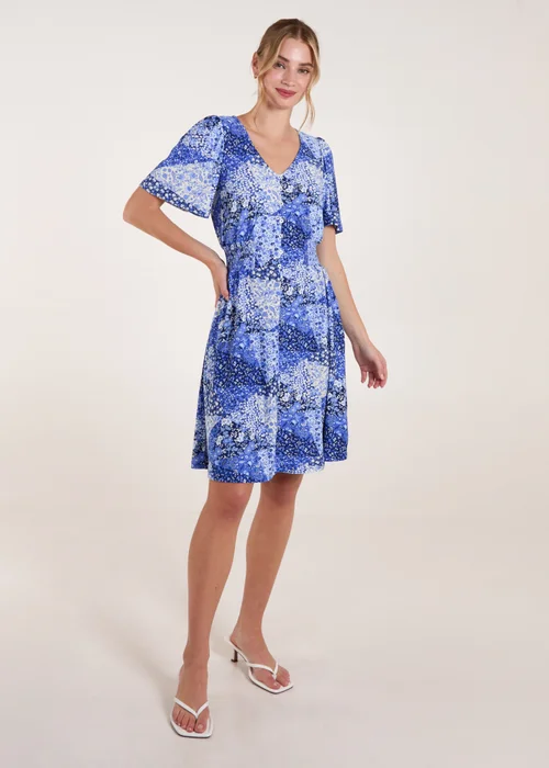 Blue Vanilla Blue Shirred Waist Button Front Patchwork Mini Dress - L/XL Image 4
