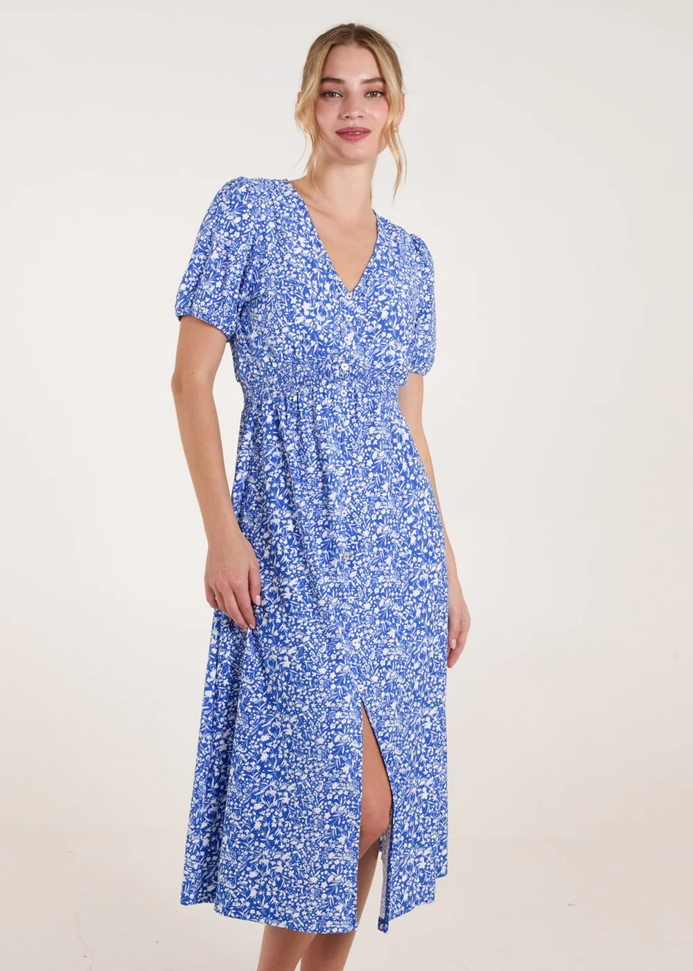 Blue Vanilla Blue Short Sleeve Button Front Split Front Midi Dress - S/M Image 1