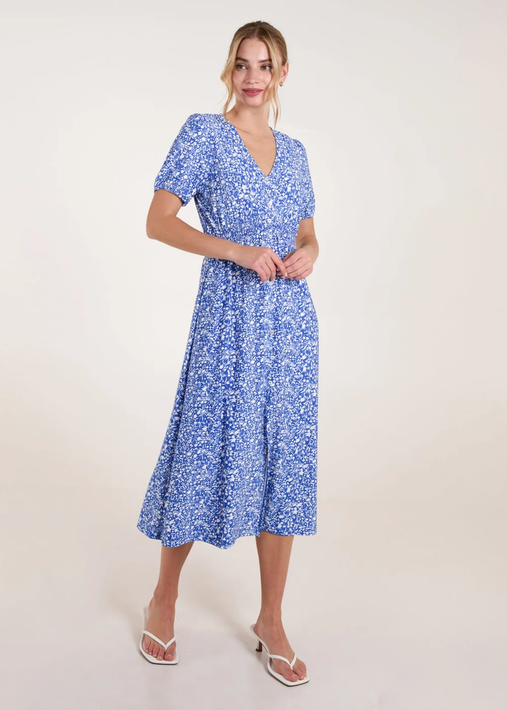 Blue Vanilla Blue Short Sleeve Button Front Split Front Midi Dress - S/M Image 2