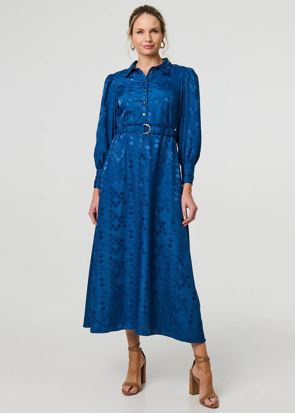 Izabel London Blue Metallic Puff Sleeve Maxi Shirt Dress - 8 Image 4
