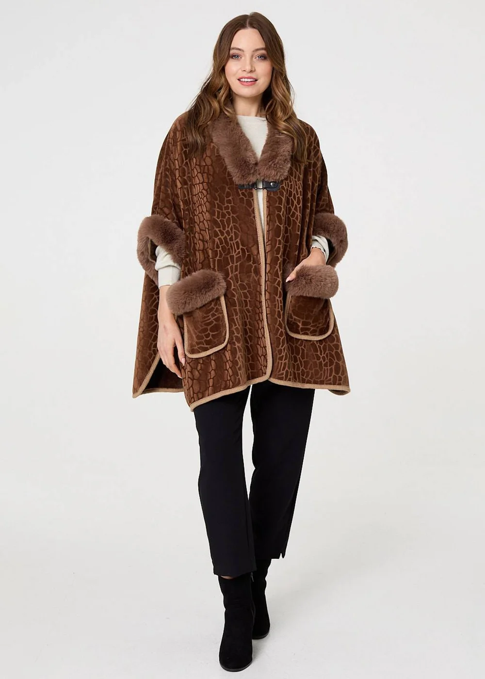 Izabel London Brown Printed Faux Fur Trim Cape Coat - One Size Image 4