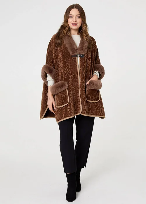 Izabel London Brown Printed Faux Fur Trim Cape Coat - One Size Image 4