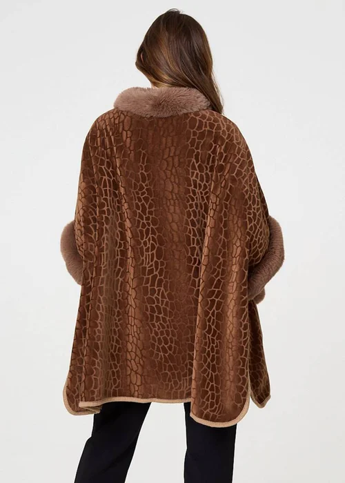Izabel London Brown Printed Faux Fur Trim Cape Coat - One Size Image 2